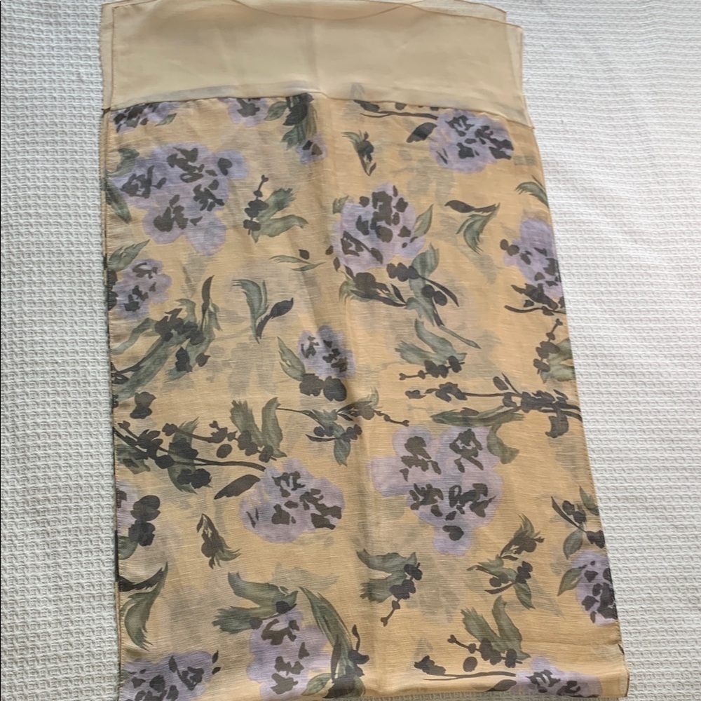 Peach scarf with purple floral, print linen and silk blend